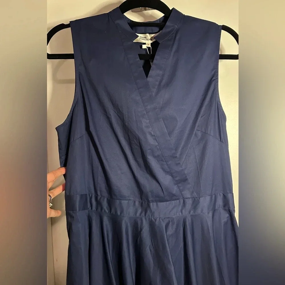 NWT Diane Von Furstenberg DVF Marlene Cotton Poplin Asymmetric Hem Dress Navy M - Picture 8 of 11